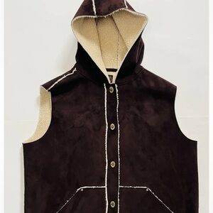 Vintage suede Ralph Lauren Rare Brown Hooded Vest with Cream Trim